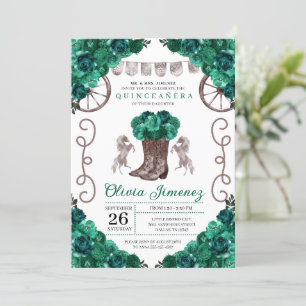 Invitation Green Silver Western Charra Boots Quinceañera