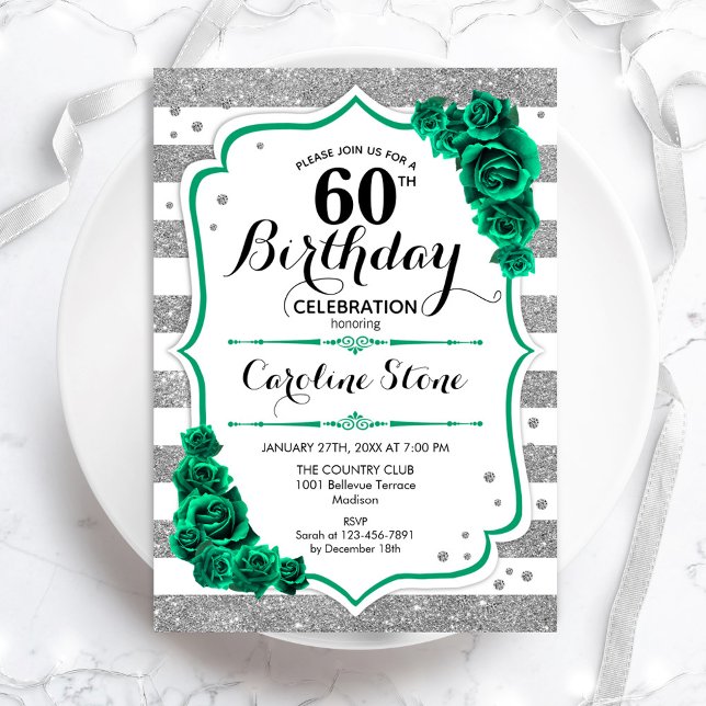 Invitation Green Silver White Stripes Rose 60e anniversaire (Créateur téléchargé)