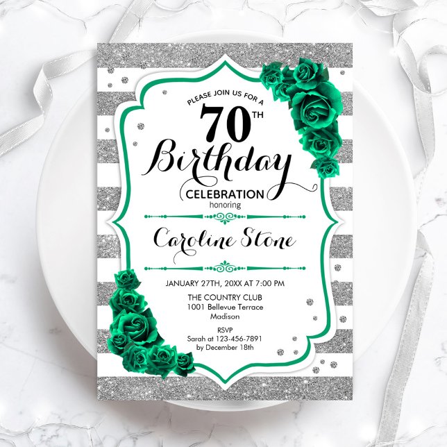 Invitation Green Silver White Stripes Rose 70e anniversaire (Créateur téléchargé)