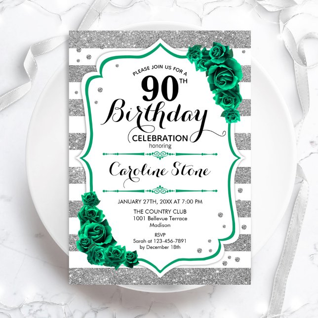 Invitation Green Silver White Stripes Rose 90e anniversaire (Créateur téléchargé)