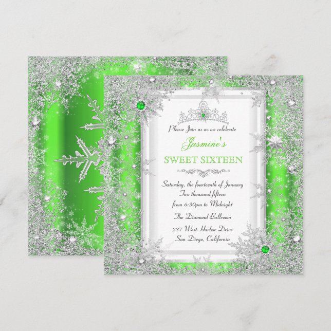 Invitation Green Silver Winter Wonderland Sweet 16 Snowflake (Devant / Derrière)