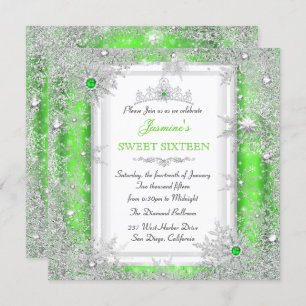 Invitation Green Silver Winter Wonderland Sweet 16 Snowflake