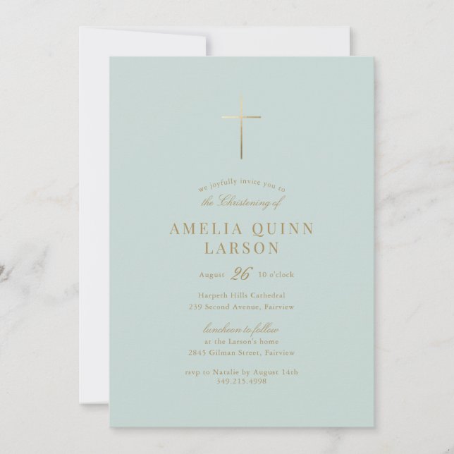 Invitation Green Simple Elegant Gold Cross Christening (Devant)