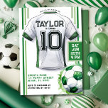 Invitation Green Soccer Sports Boy Jersey Anniversaire de enf<br><div class="desc">Score big with our Children's Soccer Birthday Party Invitation! Parfait pour les jeunes athlètes qui vivent et respirent le football, cette invitation va certainement lancer les festivités d'anniversaire avec style. Doté d'un maillot de football dynamique et d'un ballon de football classique dans différentes nuances de vert et de blanc, il...</div>