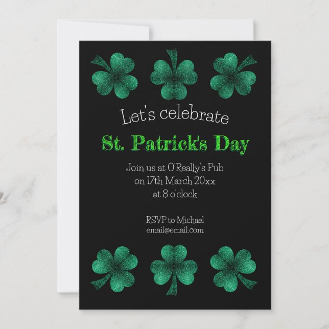 Invitation Green Sparkle Shamrock noir St Patrick Day (Devant)