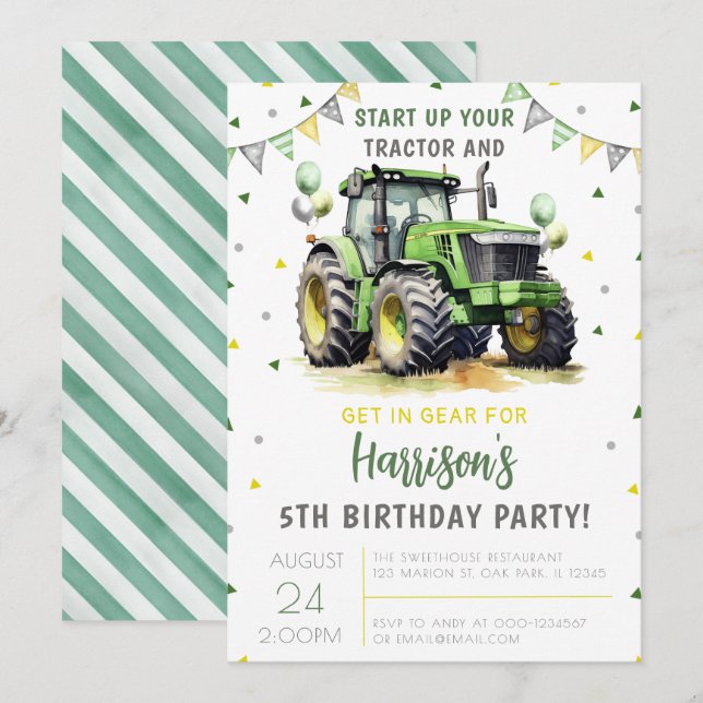 Invitation Green Start Up Your Tractor Anniversaire (Devant / Derrière)
