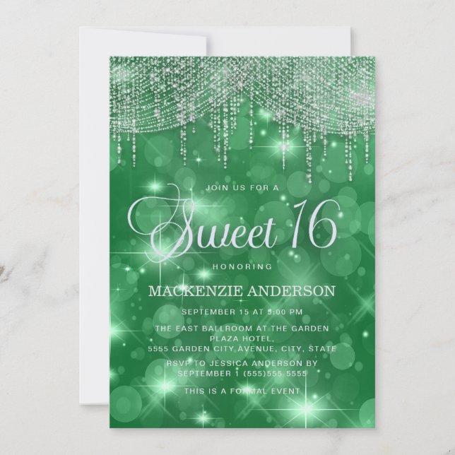 Invitation Green String Lights Bokeh Sweet 16 (Devant)
