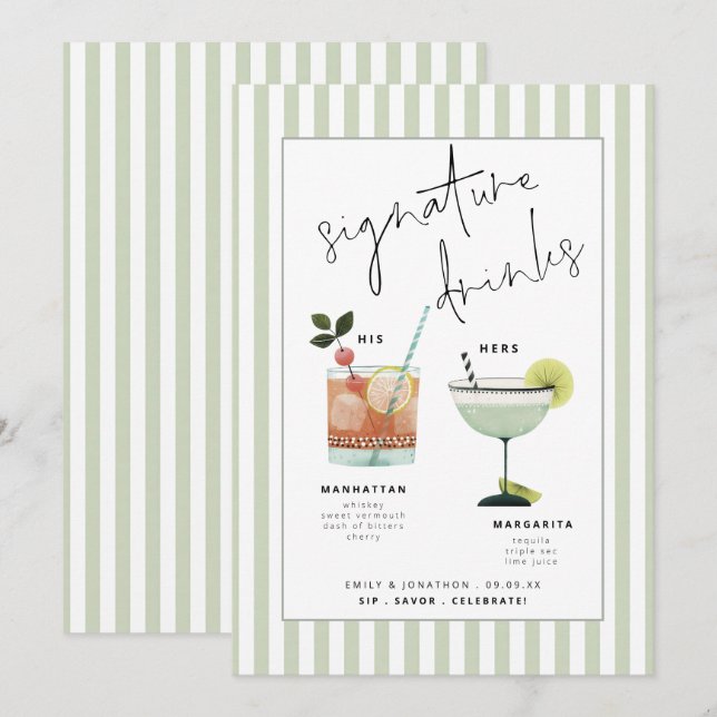 Invitation Green Stripe Bar Signature Drinks Custom Cocktails (Devant / Derrière)