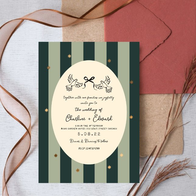 Invitation Green Striped Gold Star Wedding  (Créateur téléchargé)