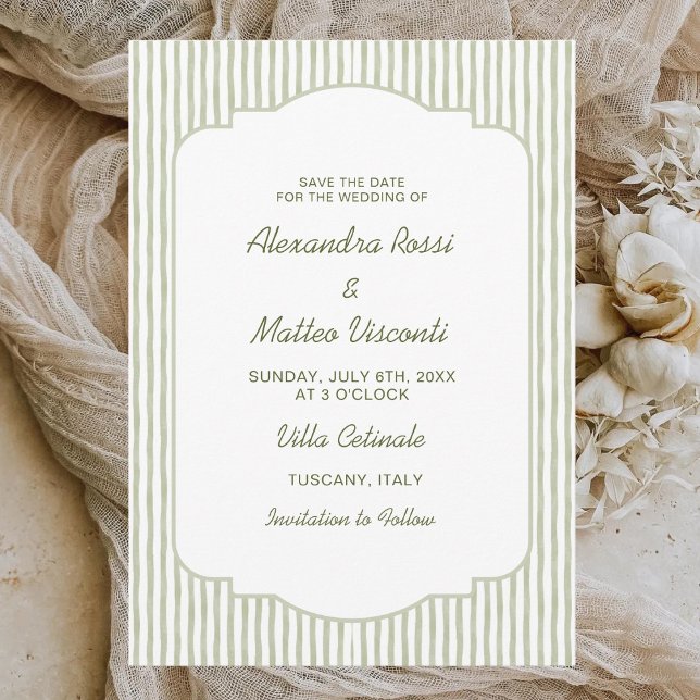 Invitation Green Striped Save the Date Elegant Script Wedding (Créateur téléchargé)