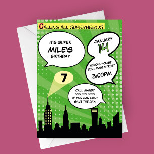 Invitation Green Superheros Comédie Livre Styled Anniversaire