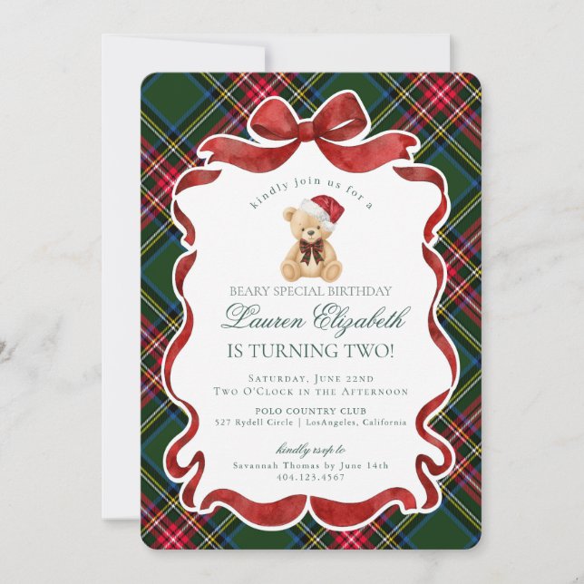 Invitation Green Tartan Plaid Christmas Bear Birthday (Devant)