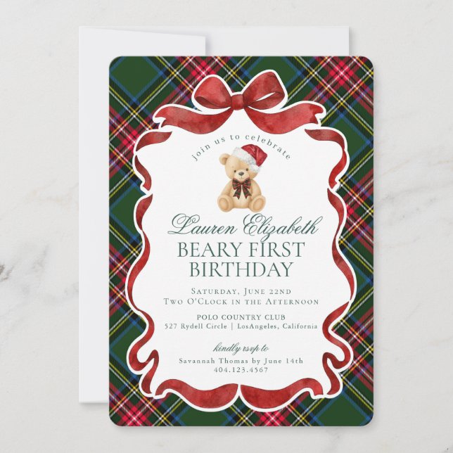 Invitation Green Tartan Plaid Christmas Beary First Birthday (Devant)
