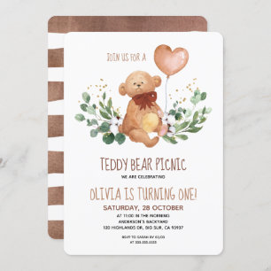Invitation Green Teddy Bear Pique-nique Baby Anniversaire