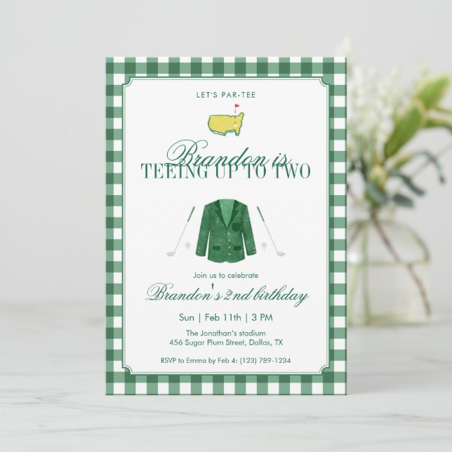 Invitation Green Teeing Up To Two Golf 2nd Birthday Gingham (Debout devant)
