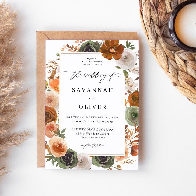 Invitation Green & Terra Cotta Floral Mariage S2 - Blanc (Créateur téléchargé)