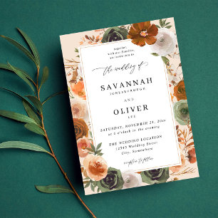 Invitation Green & Terra Cotta Floral Mariage S2 VLN - Beige
