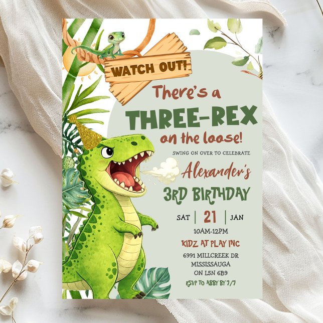 Invitation Green Three Rex On The Loose Third Birthday (Créateur téléchargé)
