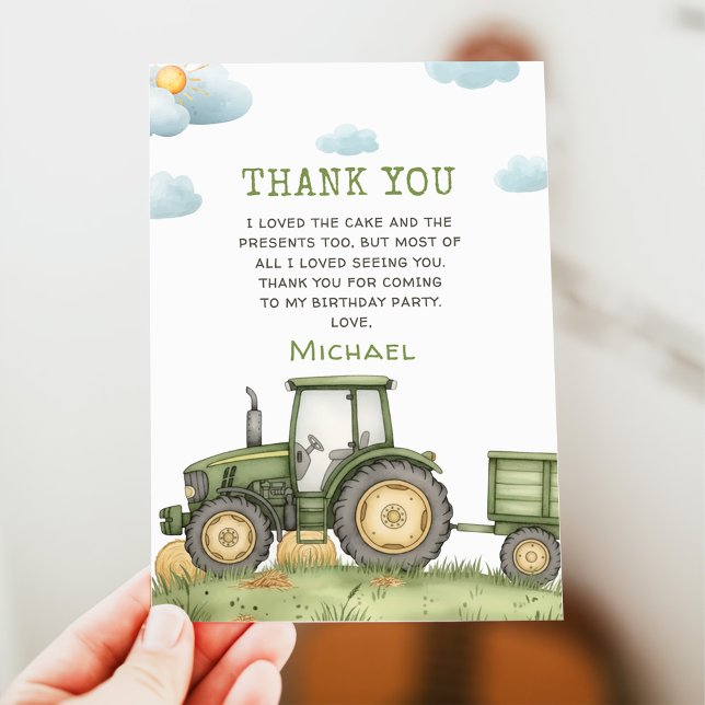 Invitation Green Tractor 1st Birthday Party Thank You Card (Créateur téléchargé)