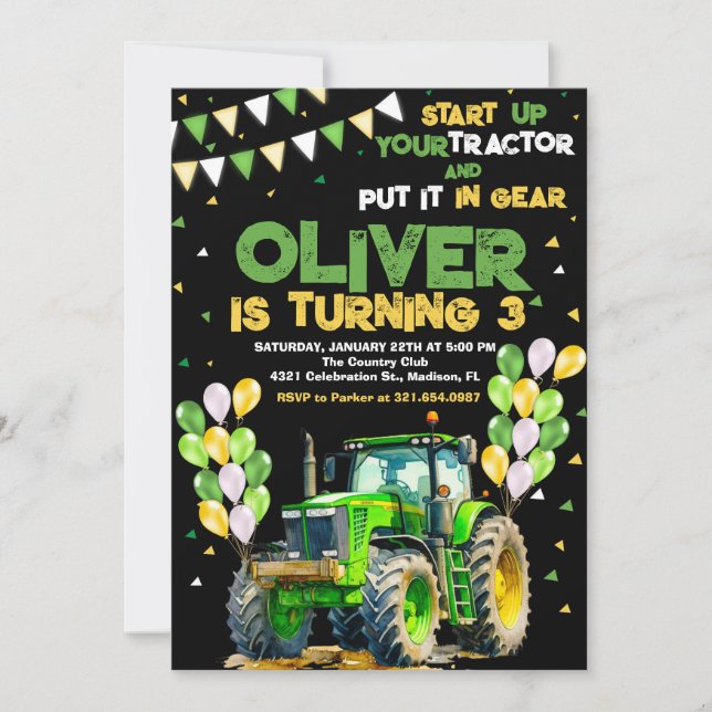 Invitation Green Tractor 3ème fête d'anniversaire (Devant)