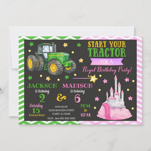 Invitation Green Tractor and Princess Joint Birthday (Devant)