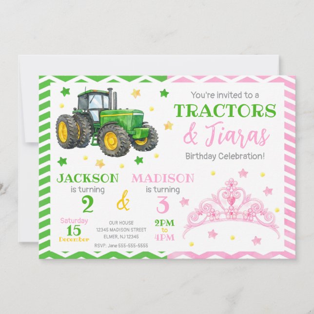 Invitation Green Tractor and Princess Joint Birthday (Devant)