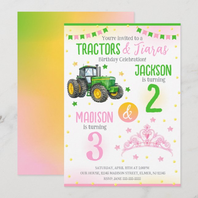 Invitation Green Tractor and Princess Siblings Joint Birthday (Devant / Derrière)