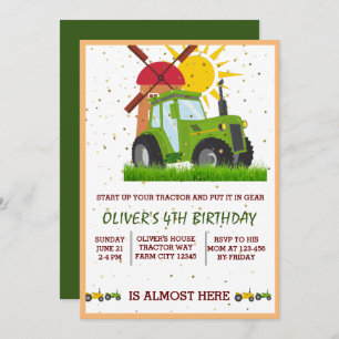 Invitation Green Tractor Boys Thème Anniversaire Fête