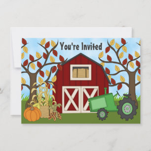 Invitation Green Tractor et Red Barn Autumn Farm Anniversaire