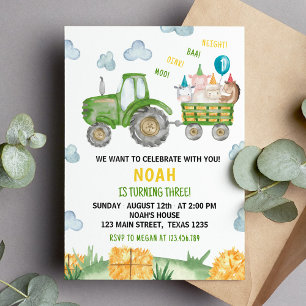 Invitation Green Tractor Farm Animal 3ème anniversaire Invita
