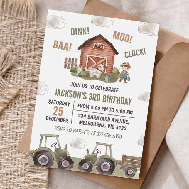 Invitation Green Tractor Farm Boy 3e fête d'anniversaire (Créateur téléchargé)