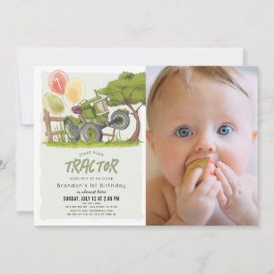 Invitation Green Tractor Farm Boy Photo 1er anniversaire