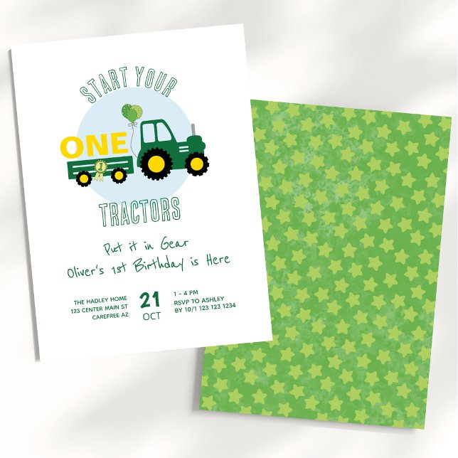 Invitation Green Tractor Farm Garçon 1er anniversaire (Créateur téléchargé)