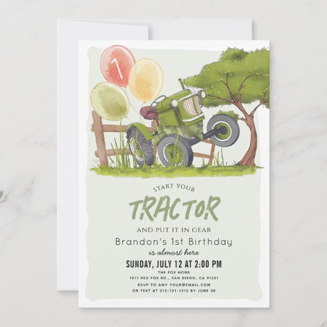 Invitation Green Tractor Farm Garçon 1er anniversaire (Devant)