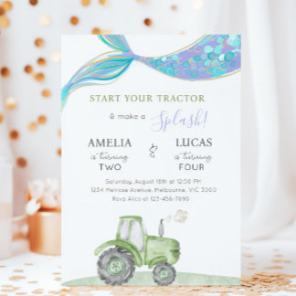 Invitation Green Tractor & Mermaid Siblings Joint Birthday