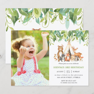 Invitation Green Tribal Woodland Animaux Photo d'anniversaire