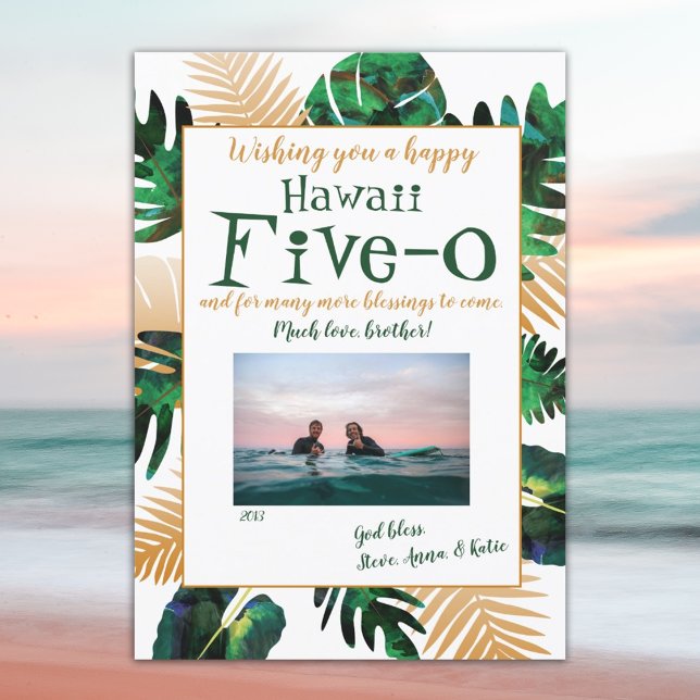 Invitation Green Tropical Feuilles Hawaii Cinq-0 50e annivers (hawaii 5-0 five-o 50th birthday greeting card tropical leaves green gold)