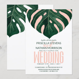 Invitation Green Tropical Swiss Cheese Leaf Pink Mariage