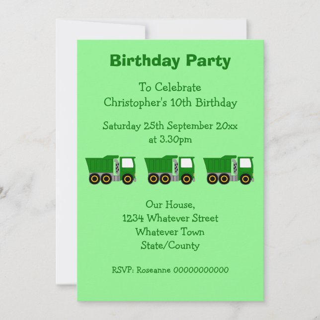 Invitation Green Truck Design Boy's Birthday Party (Devant)