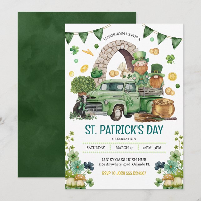 Invitation Green Truck St. Patricks Day Leprechaun Gnomes (Devant / Derrière)