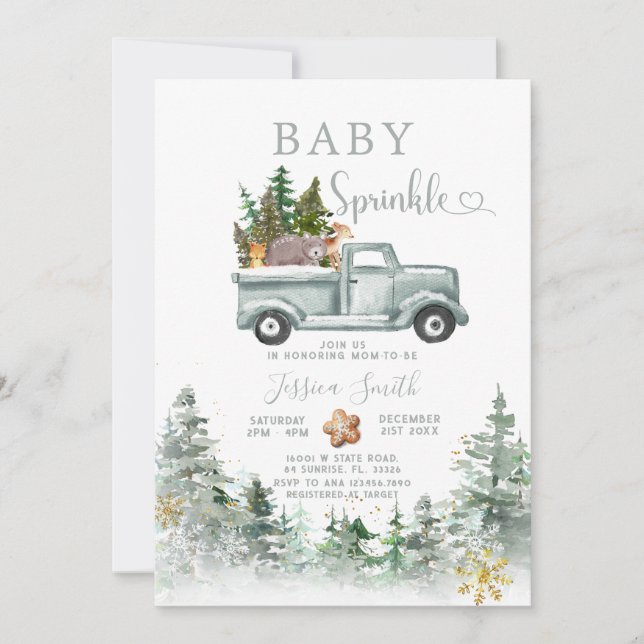 Invitation Green Truck Winter Forest Animals Baby Sprinkle (Devant)