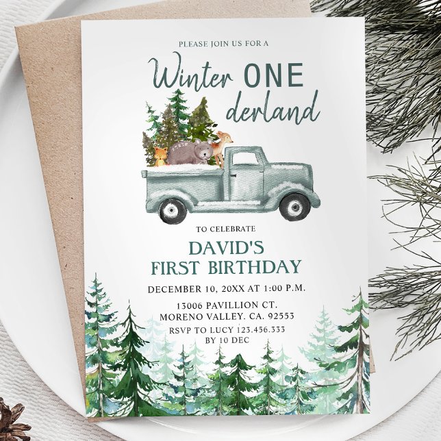 Invitation Green Truck Winter ONE derland fête d'anniversaire (Créateur téléchargé)