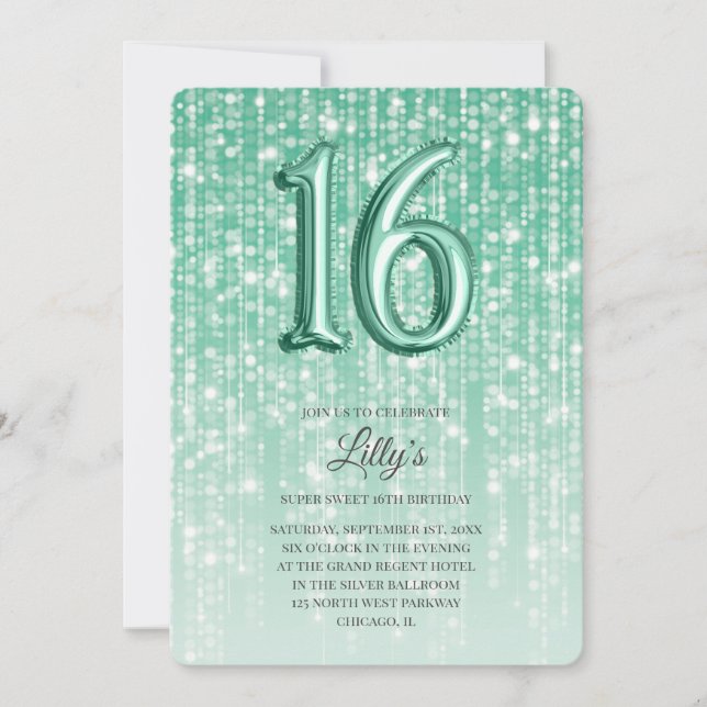 Invitation Green Twinkle Lights Foil Balloon 16e anniversaire (Devant)