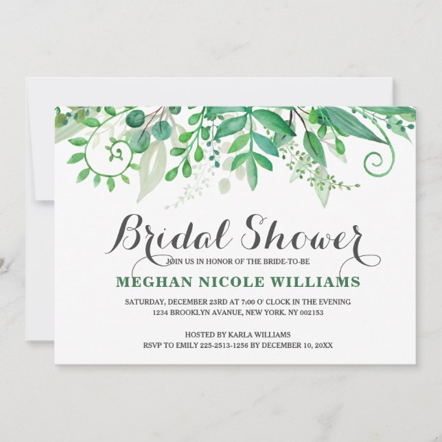 Invitation Green Watercolor Feuille nuptiale douche Invitatio (Devant)