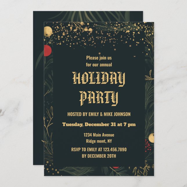 Invitation Green Watercolor Holly Festive Holiday 2025 Party (Devant / Derrière)