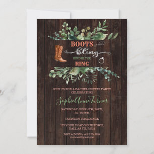 Invitation Green Western Boots & Bling Bachelorette Party