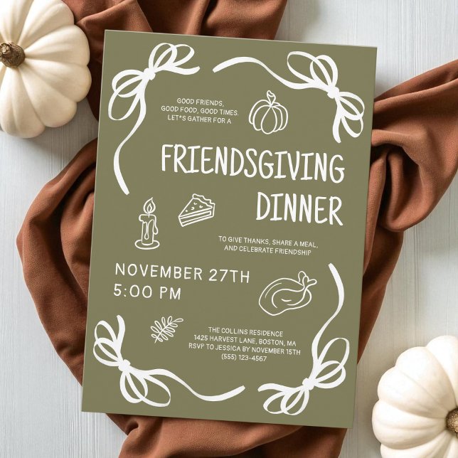 Invitation Green Whimsical Main Draendsgiving Friendsgiving D (Green Whimsical Hand Drawn Friendsgiving Dinner Invitation)