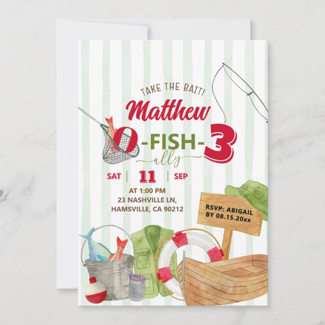 Invitation Green Whimsical Stripes Boy Fishing Anniversaire (Devant)