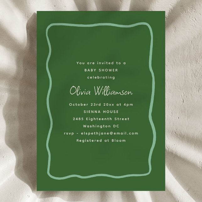 Invitation Green Whimsy Wavy Border Modern Script Baby Shower (Créateur téléchargé)