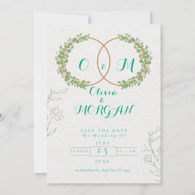 Invitation Green & White Botanical Wedding Invite (Devant)